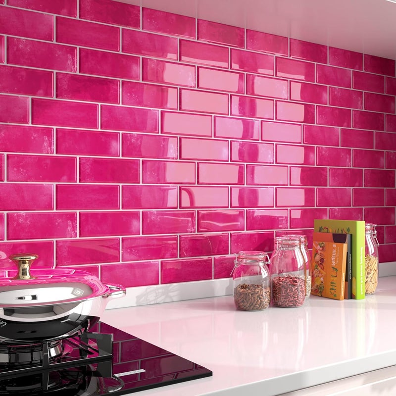 Decotalk Pink Peel and Stick Backsplash for Kitchen 12"x12" Subway Tile Backsplash 3-Pack Back Splash for Kitchen Wall Hot Pink Backsplashes Tile Self Adhesive Stick on Back Splash Tiles for Bathroom - Image 1
